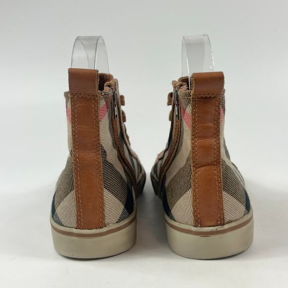 Burberry Kids Sz 2 (33) Nova Check High Top Sneakers Brown Tan Canvas Leather - Picture 5 of 11